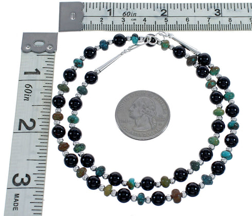 Navajo Sterling Silver Onyx And Turquoise Bead Jewelry Necklace JX123387